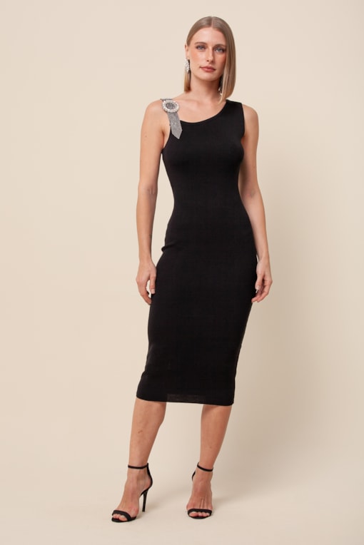 Vestido Tricô Alça Detalhe Brilho  Preto