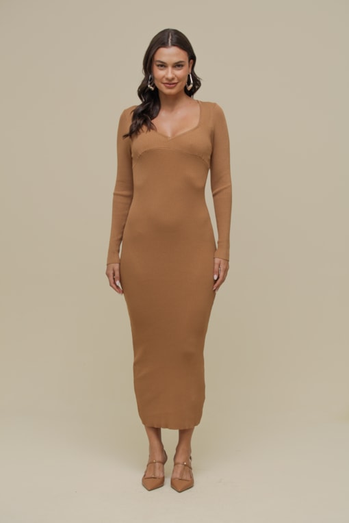 Vestido Tricô Decote Coração Camel