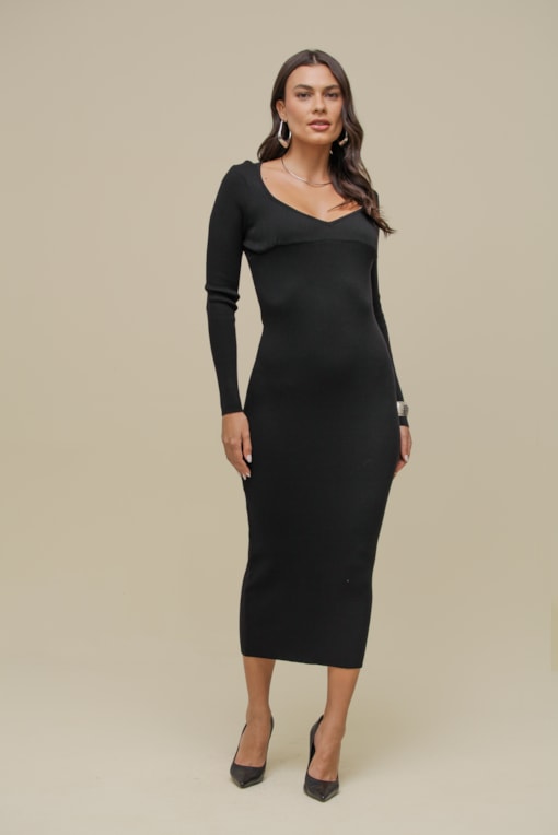 Vestido Tricô Decote Coração Preto