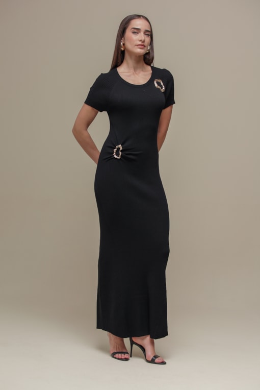 Vestido Tricô Longo Fivela  Preto