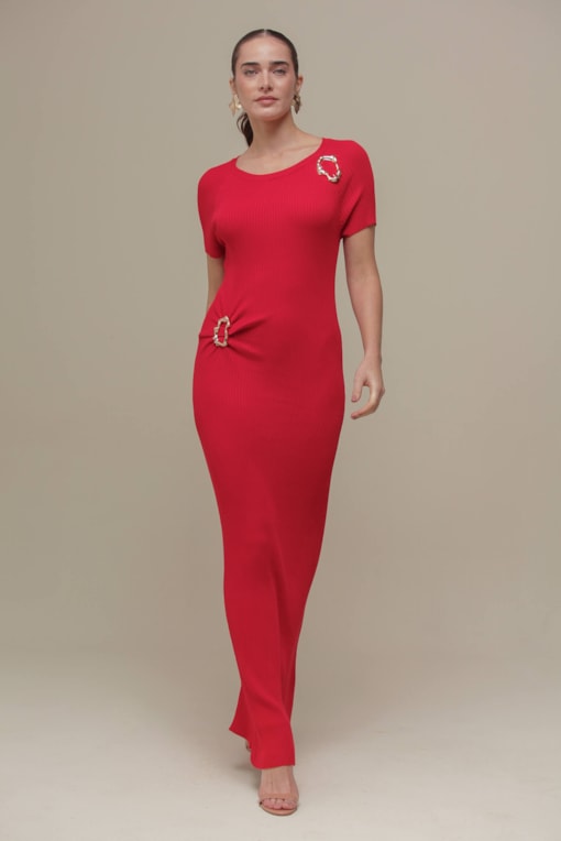 Vestido Tricô Longo Fivela  Vermelho