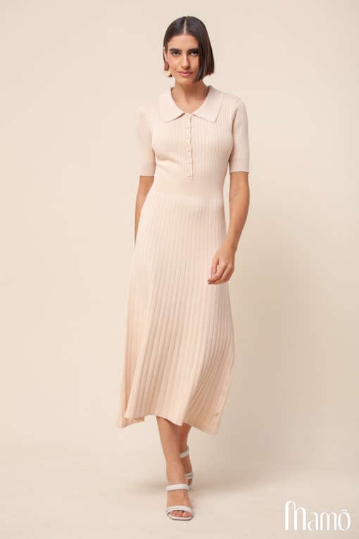 Vestido Tricô Polo Midi Bege