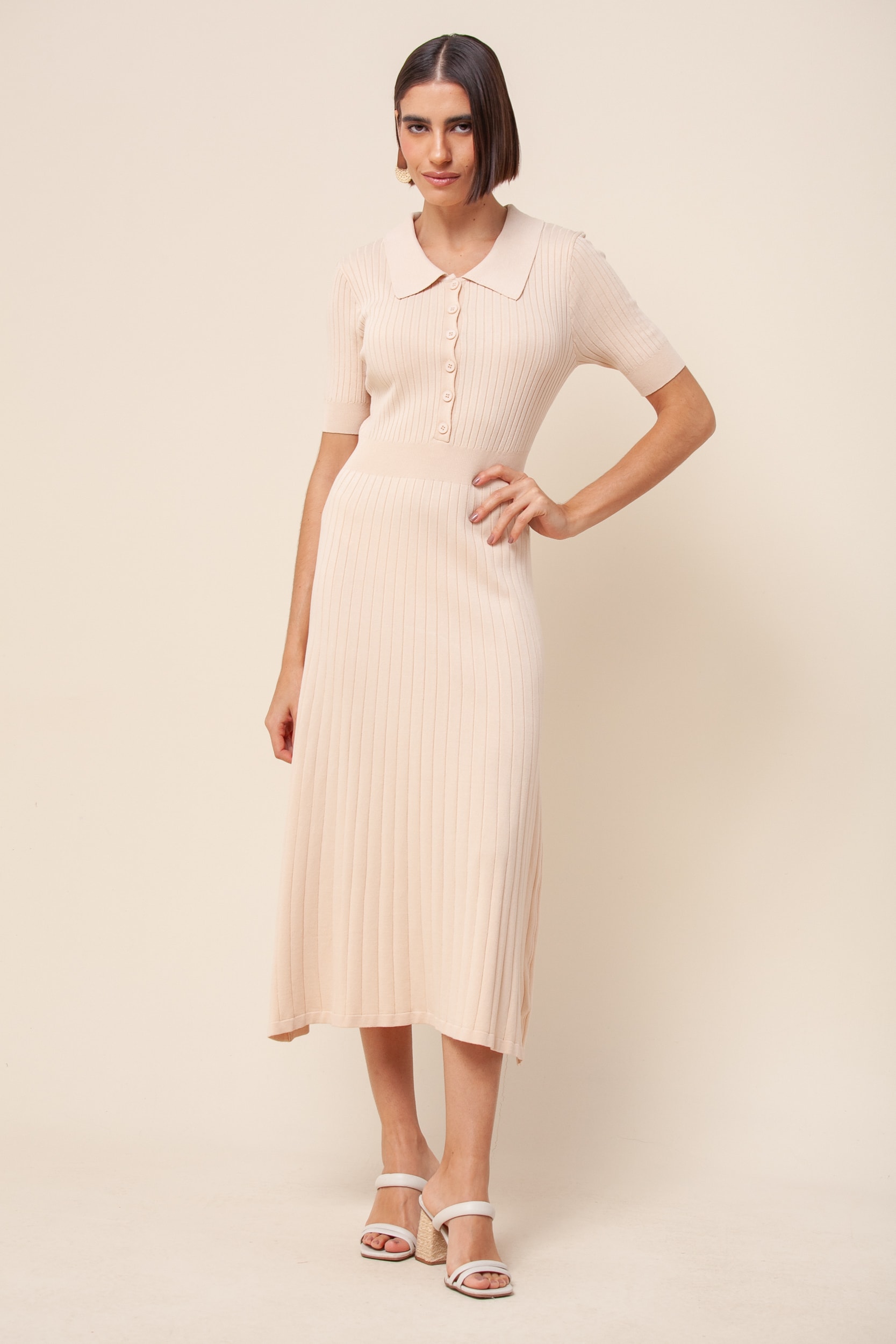 Vestido Tricô Polo Midi Bege