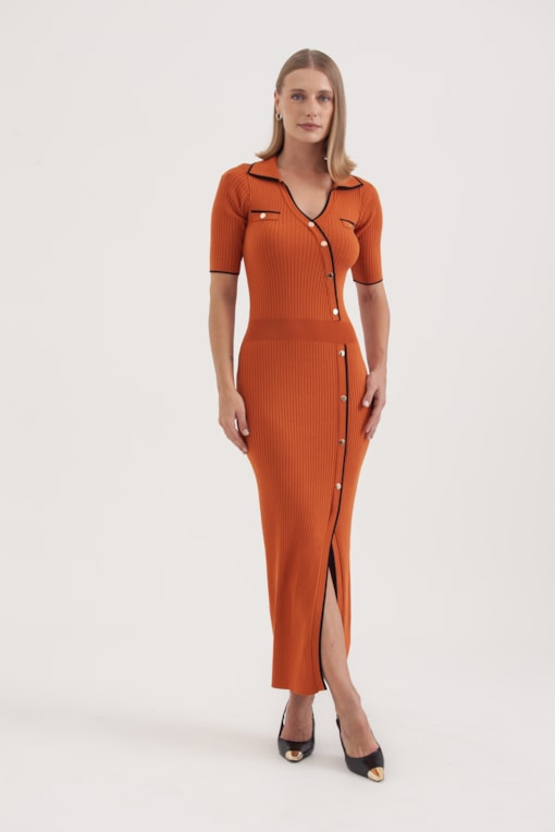Vestido Tricot Bicolor Botões Ferrugem