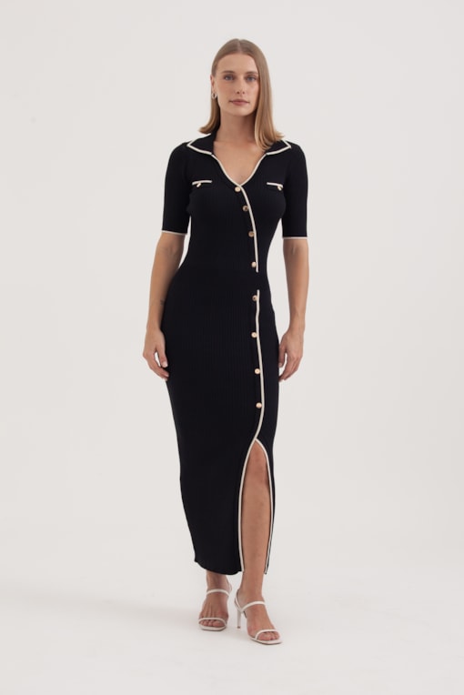Vestido Tricot Bicolor Botões Preto