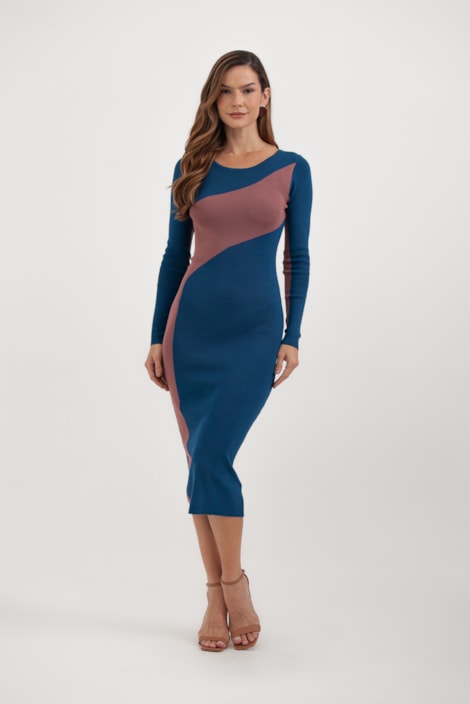 Vestido Tricot Longo Faixa Diagonal Lateral Azul