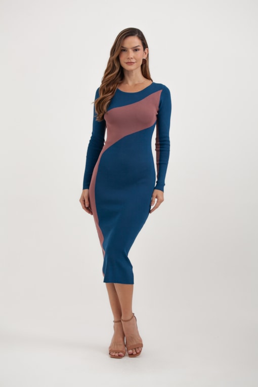 Vestido Tricot Longo Faixa Diagonal Lateral Azul