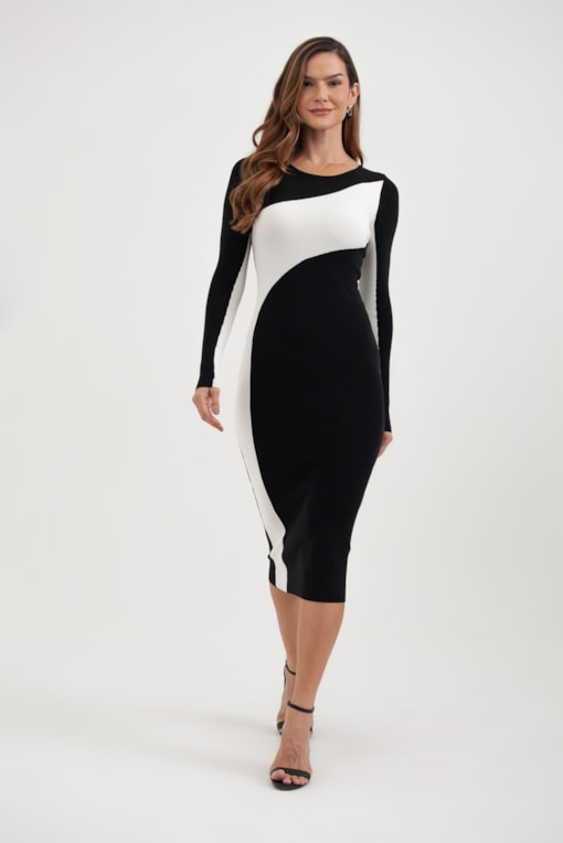 Vestido Tricot Longo Faixa Diagonal Lateral Preto