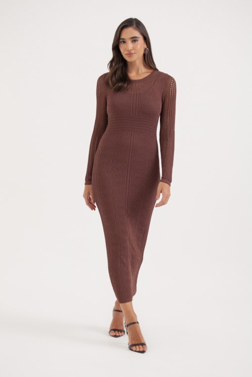 Vestido Tricot Manga Longa Ponto Telado Marrom