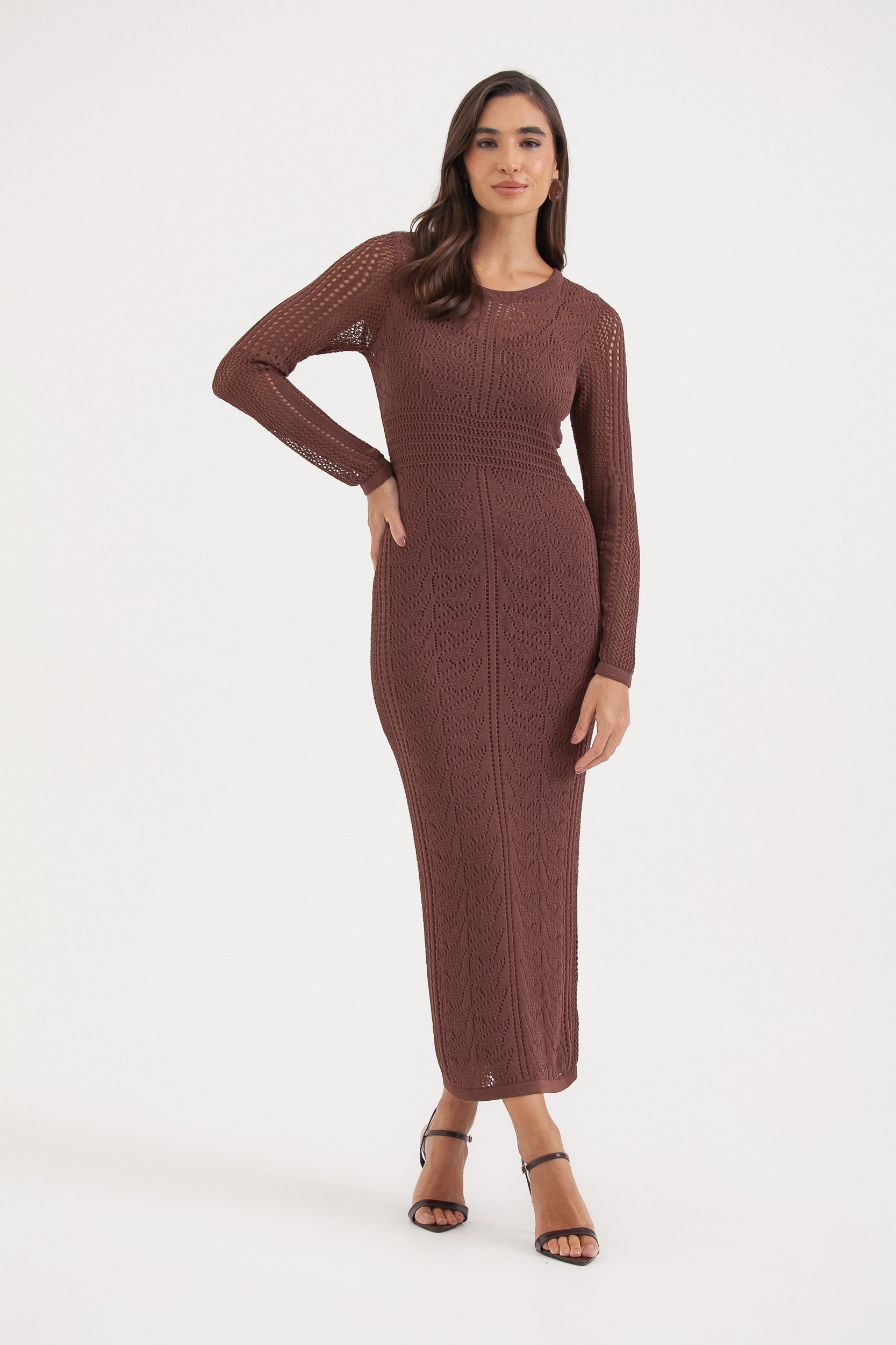 Vestido Tricot Manga Longa Ponto Telado Marrom