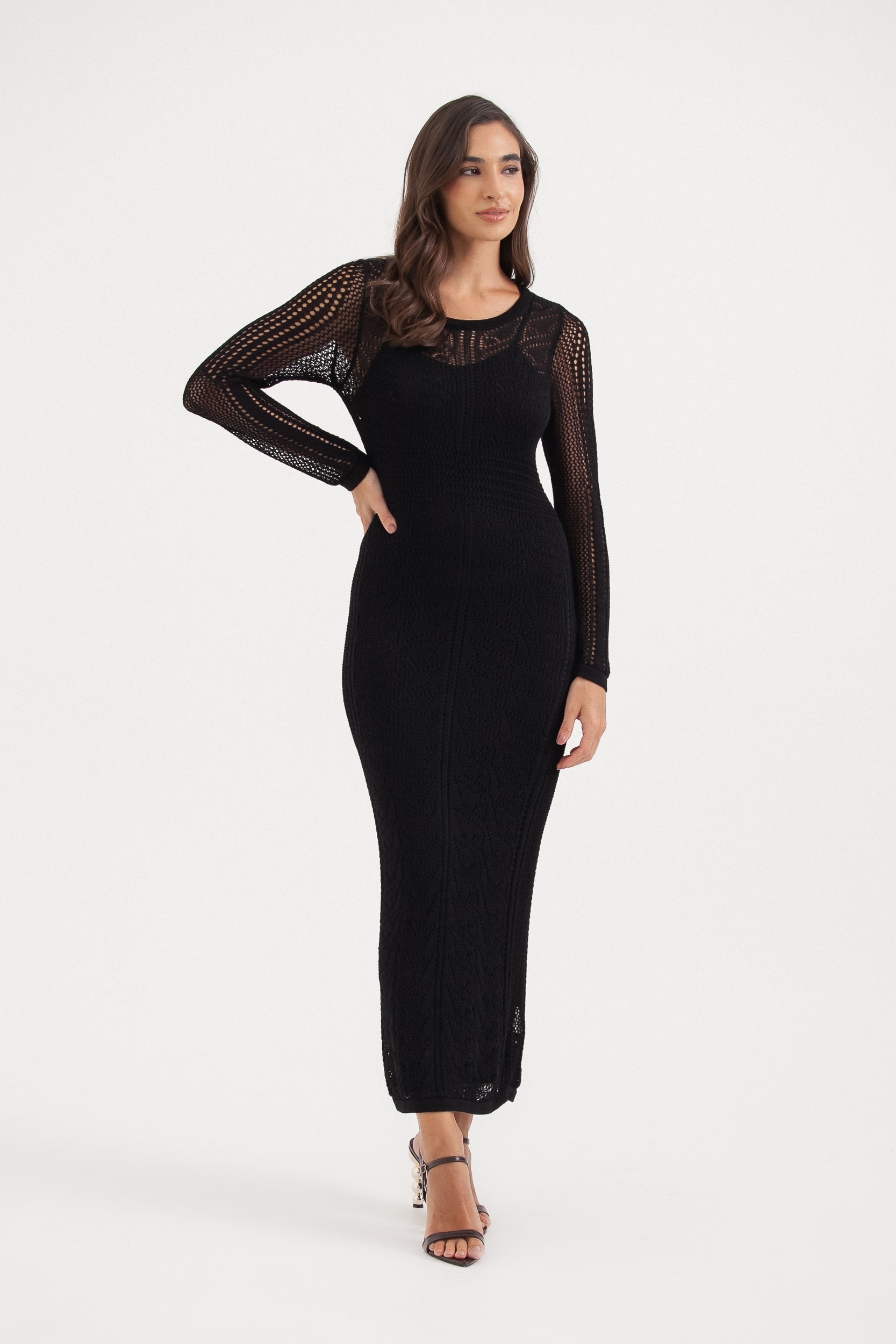 Vestido Tricot Manga Longa Ponto Telado Preto