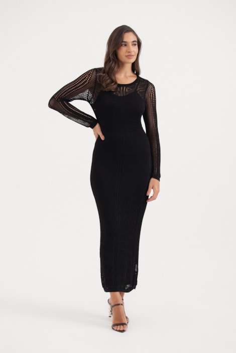 Vestido Tricot Manga Longa Ponto Telado Preto