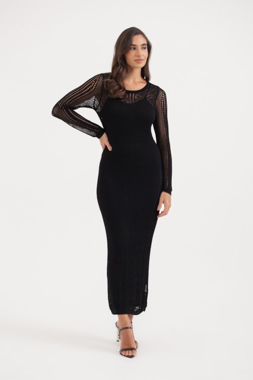 Vestido Tricot Manga Longa Ponto Telado Preto