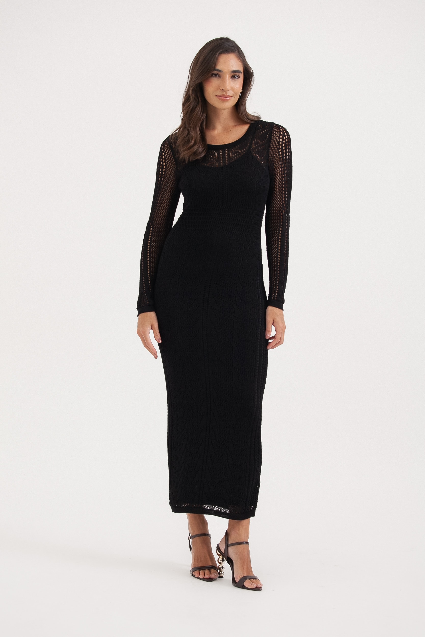 Vestido Tricot Manga Longa Ponto Telado Preto