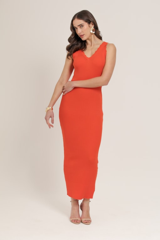 Vestido Tricot Midi Detalhe Ondas Laranja
