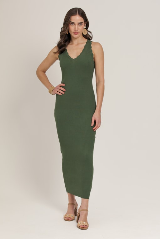 Vestido Tricot Midi Detalhe Ondas Verde 
