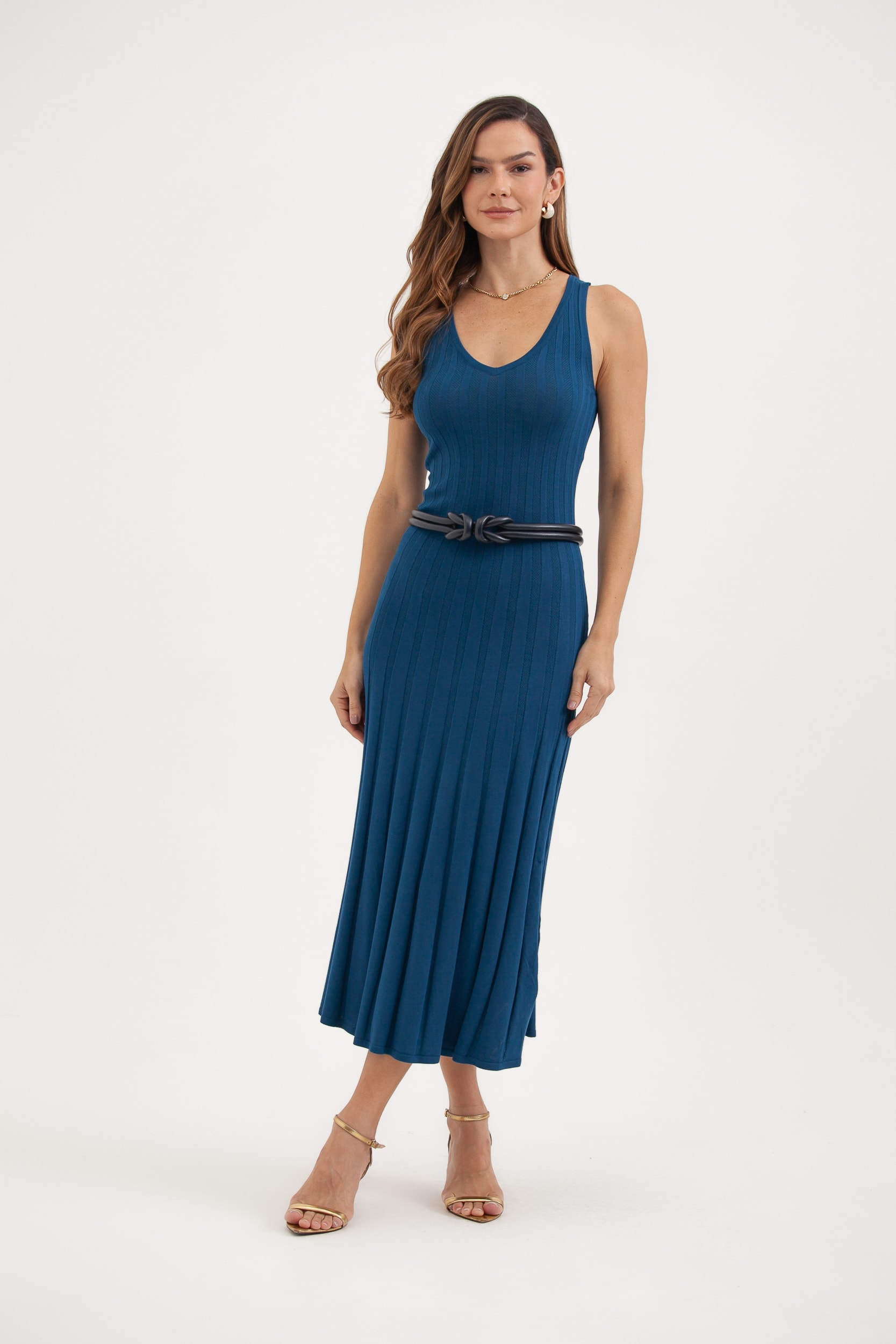 Vestido Tricot Regata Canelado Decote V Azul