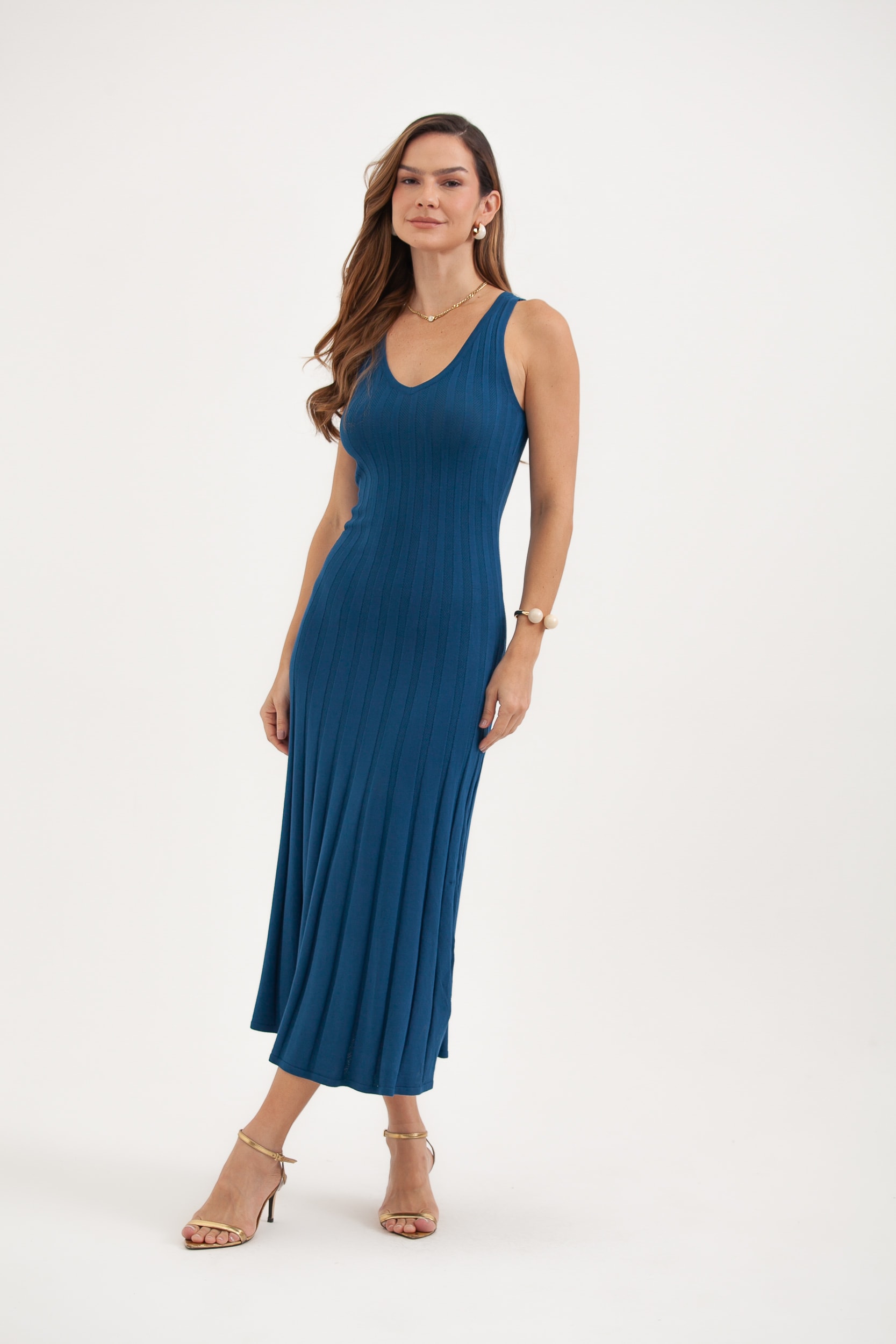 Vestido Tricot Regata Canelado Decote V Azul