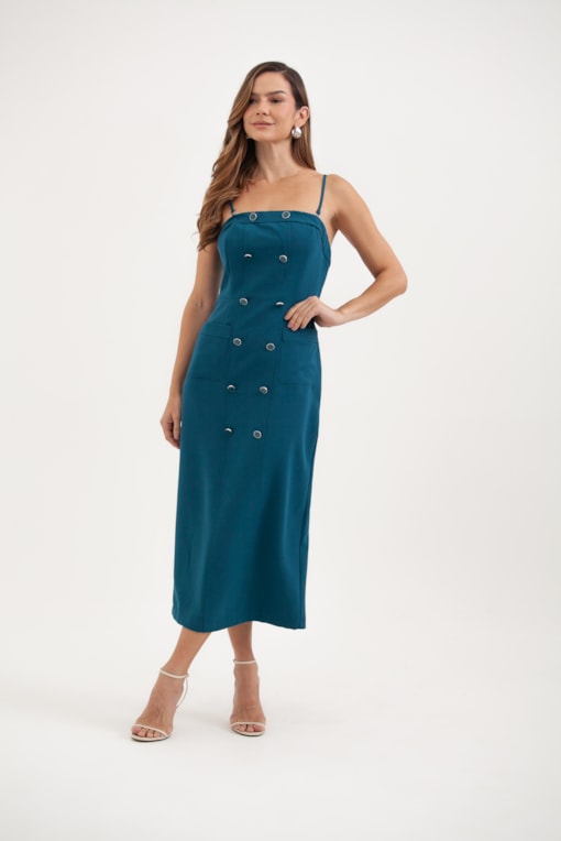 Vestido Tubinho Alfaiataria Botões Azul