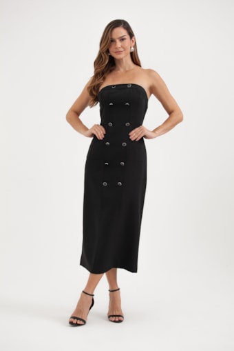 Vestido Tubinho Alfaiataria Botões Preto