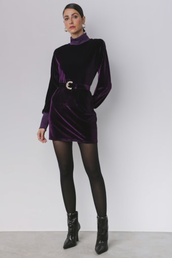 Vestido Veludo Gola Alta Roxo 